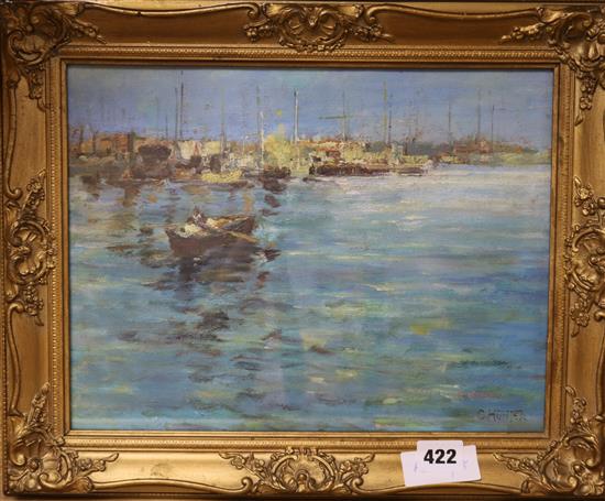 Colin Hunter, oil on canvas board, shipping in harbour, signed, 24 x 32cm
